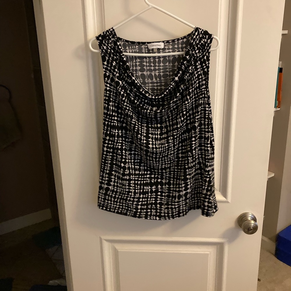 Calvin Klein black and white sleeveless blouse